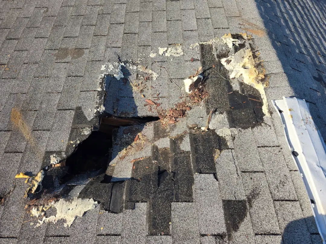 Close-up of severely damaged asphalt shingles with a large hole and exposed roof structure requiring professional roof repair.